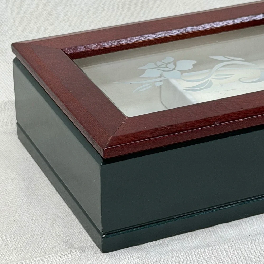 Vintage Wood Jewelry Box Glass Lid Ring Box Trinket Storage Keepsake Organizer